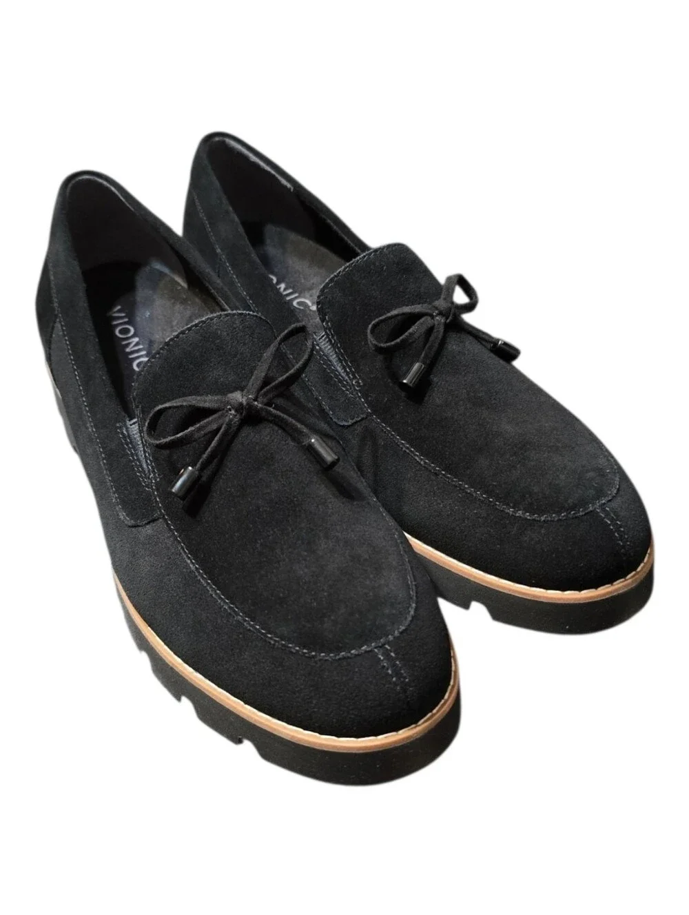 ​Vionic Finley Black Suede Bow Chunky Lug Sole Loafers